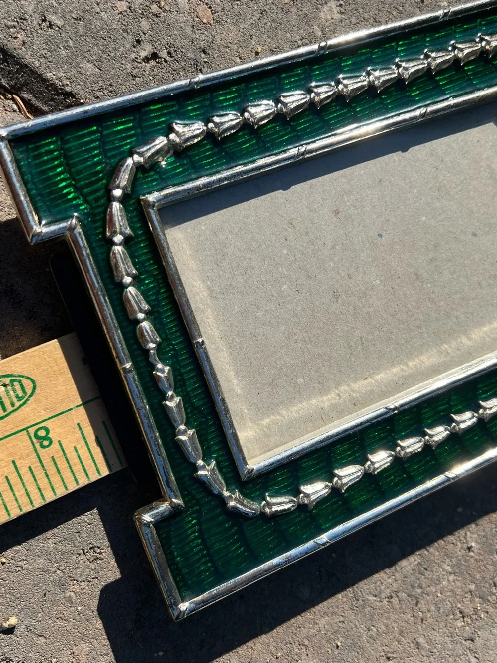 Vintage 1989 Mann Green Enamel Picture Frame, Fabergé Style Silver Tone 3x5”